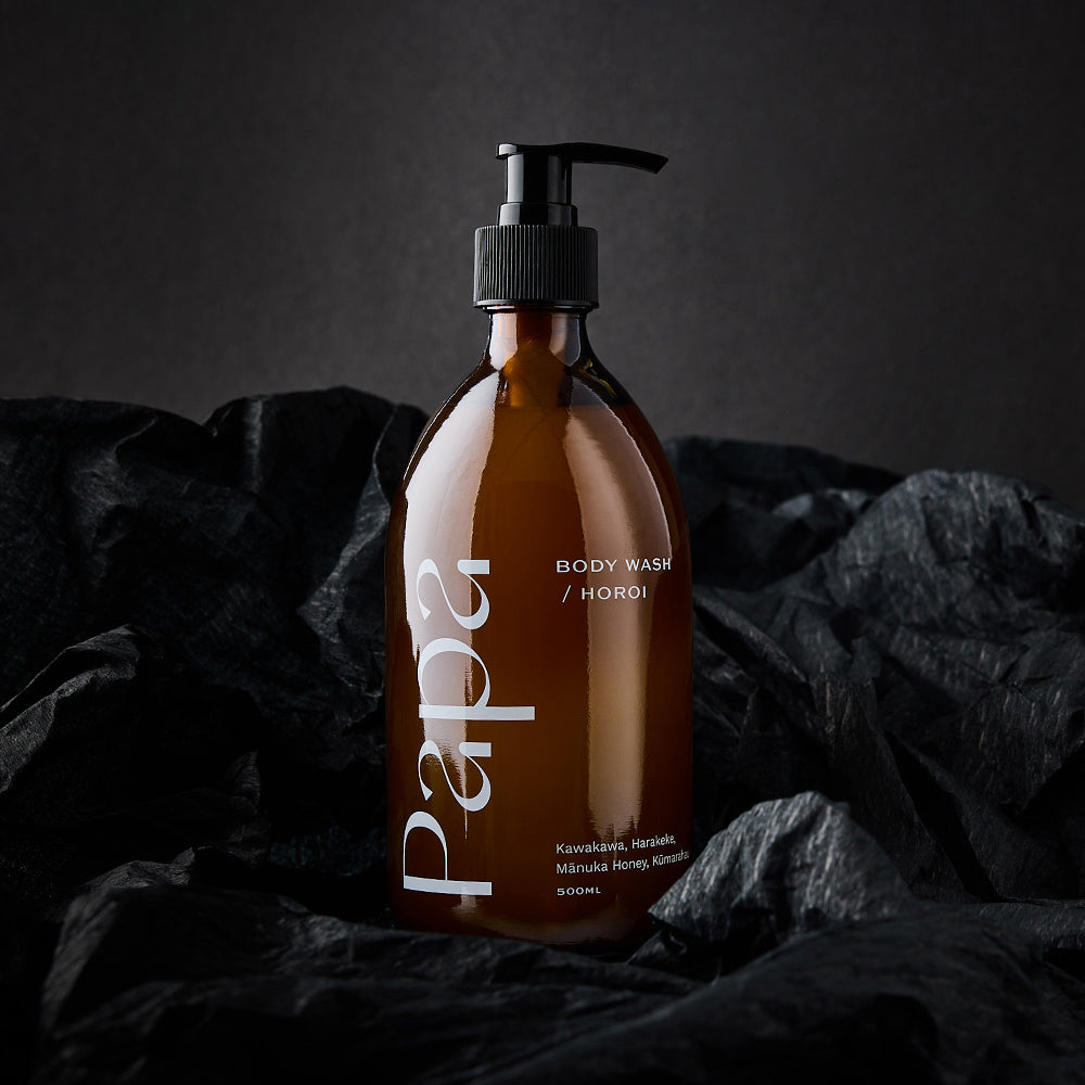 A bottle of Papa Skincare's Horoi Body Wash made with kawakawa, harakeke, mānuka honey and kumarahou.